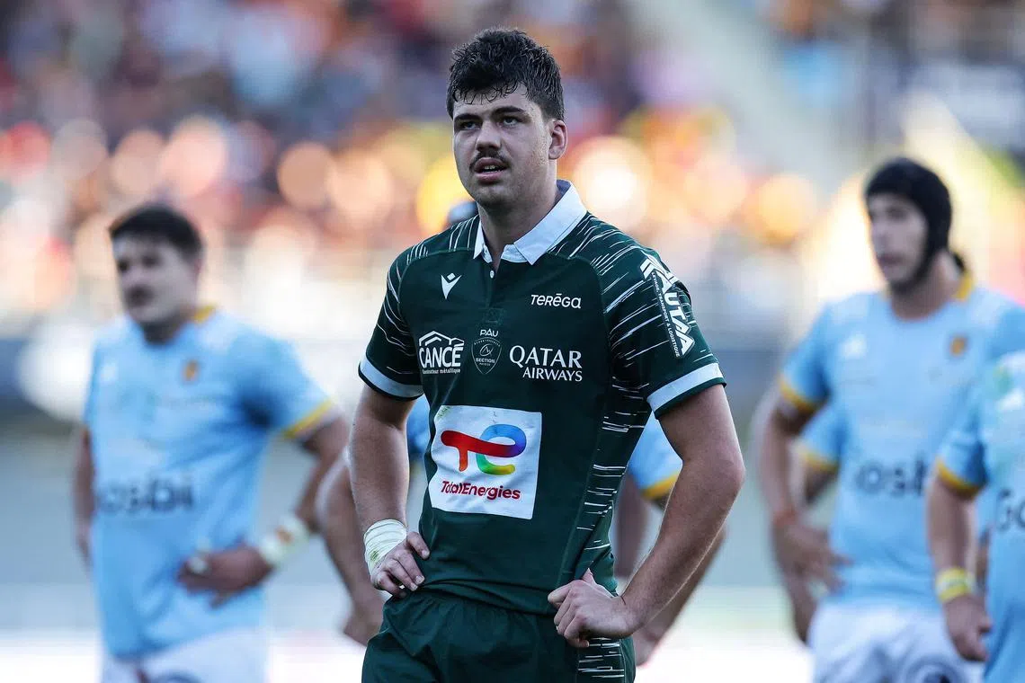 Pau's French lock Hugo Auradou looks on during the French Top 14 rugby union match between USA Perpignan and Section Paloise (Pau).