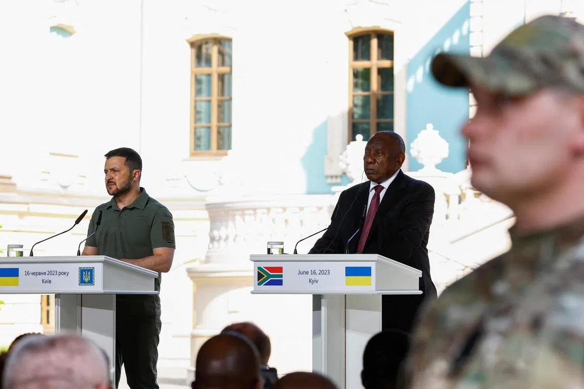 South African President Cyril Ramaphosa (right) attends a joint press conference with Ukraine’s President Volodymyr Zelensky, in Kyiv.
