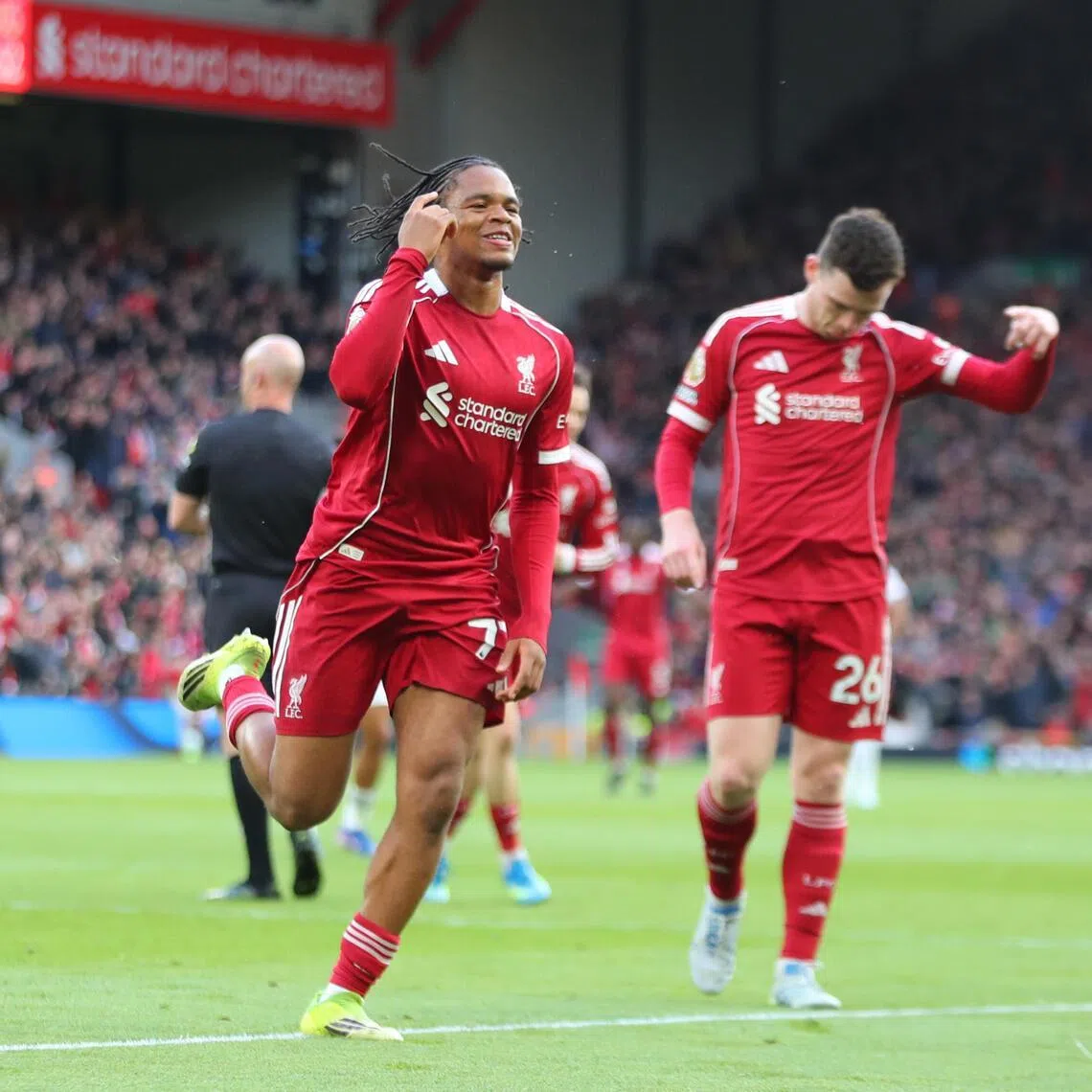 Rio Ngumoha celebrates scoring the opening goal for Liverpool, becoming the club’s youngest player to score a Premier League goal at Anfield.