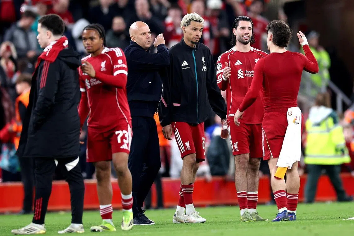 Liverpool manager Arne Slot and his players after the Champions League win over Galatasaray.
