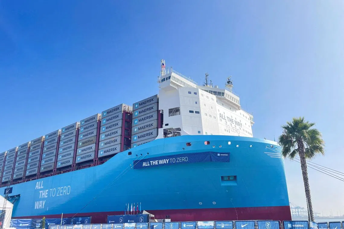 FILE PHOTO: The Alette Maersk, a green methanol-powered ship, is seen docket at the Port of Los Angeles, in Los Angeles, California, U.S., August 27, 2024. REUTERS/Lisa Baertlein/File Photo