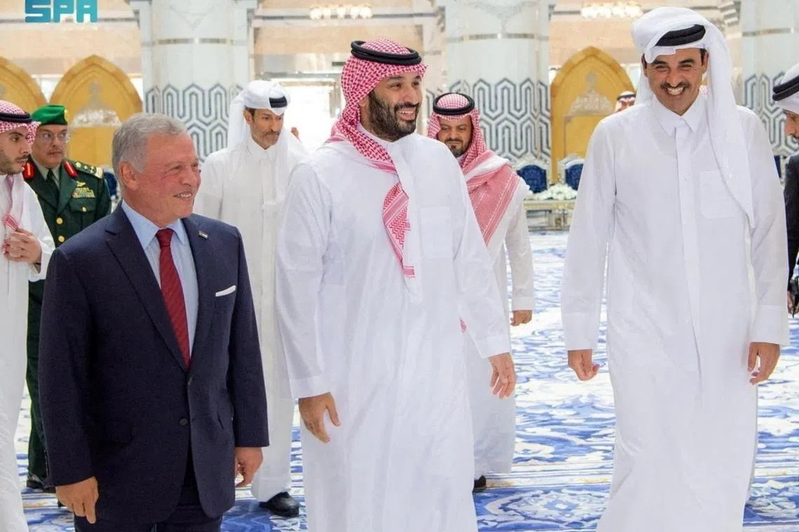 (From left) Jordan's King Abdullah II, Saudi Crown Prince Mohammed Bin Salman and the Emir of Qatar, Sheikh Tamim bin Hamad Al Thani, meeting  in Jeddah on March 30.