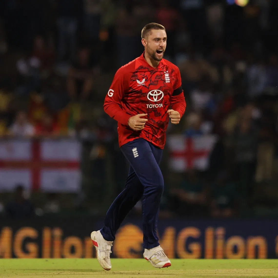Cricket - Third Twenty20 International - Sri Lanka v England - Pallekele International Cricket Stadium, Kandy, Sri Lanka - February 3, 2026 England's Will Jacks celebrates after taking the wicket of Sri Lanka's Janith Liyanage caught out by England's Jacob Bethell REUTERS/Lahiru Harshana