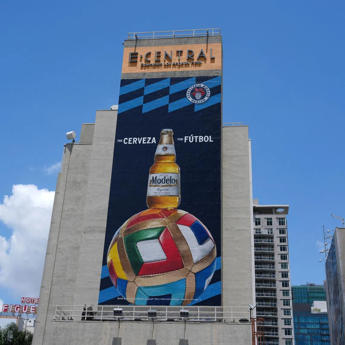 May 28, 2026; Los Angeles, CA, USA; A Modelos beer advertisement  for the FIFA World Cup 2026 at the E-Central Los Angeles hotel. Mandatory Credit: Kirby Lee-Imagn Images