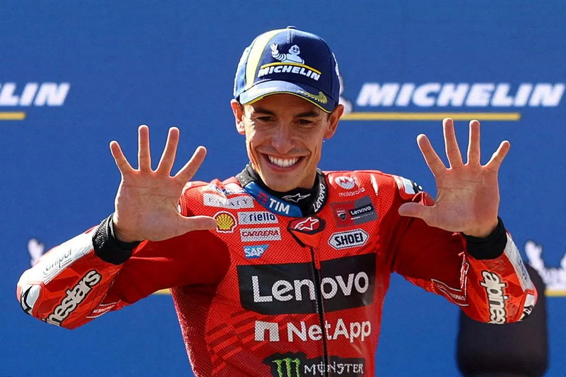 FILE PHOTO: MotoGP - Hungarian Grand Prix - Balaton Park Circuit, Balatonfokajart, Hungary - August 24, 2025 Ducati Lenovo Team's Marc Marquez celebrates on the podium after winning the MotoGP race REUTERS/Bernadett Szabo/File Photo