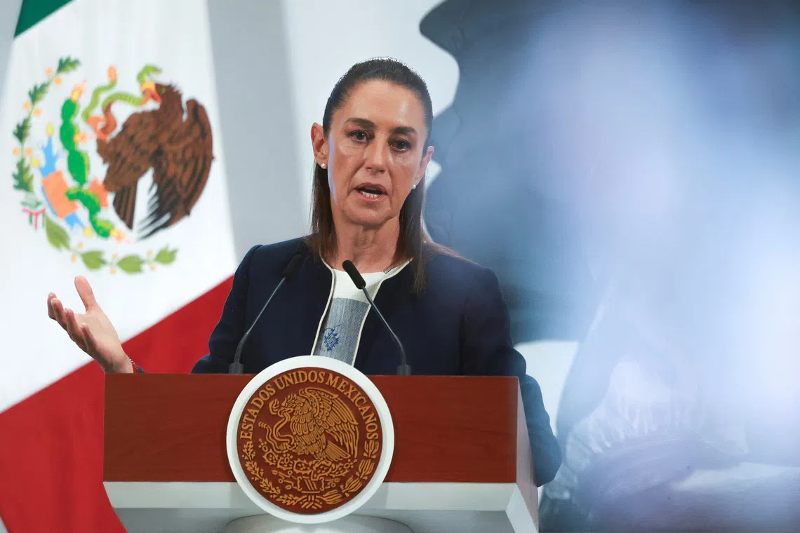 Mexico's President Claudia Sheinbaum speaks during a press conference in Mexico City, Mexico July 14, 2025. REUTERS/Raquel Cunha