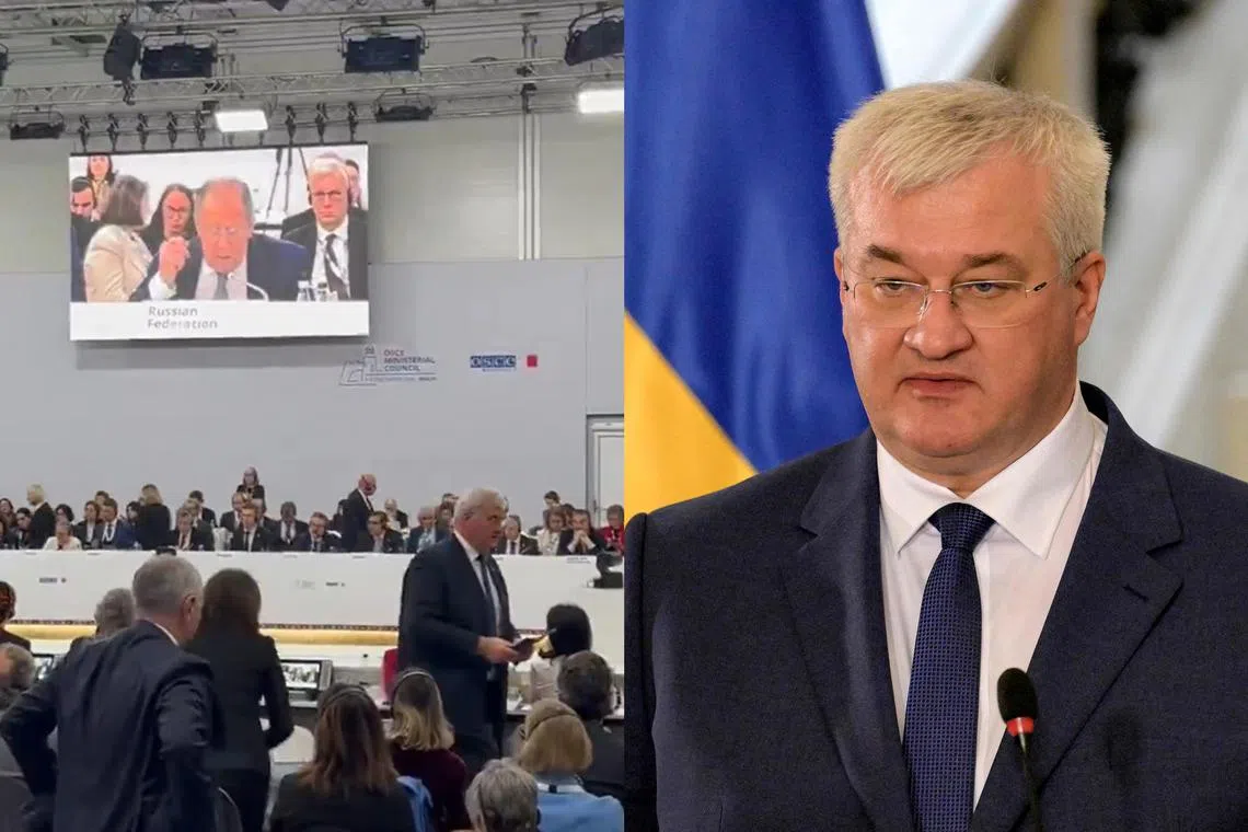 Ukraine’s foreign minister, Mr Andriy Sybiha, walked out - along with other delegates at the OSCE meeting - when Russia’s top diplomat Sergei Lavrov (on screen, left) began talking.
