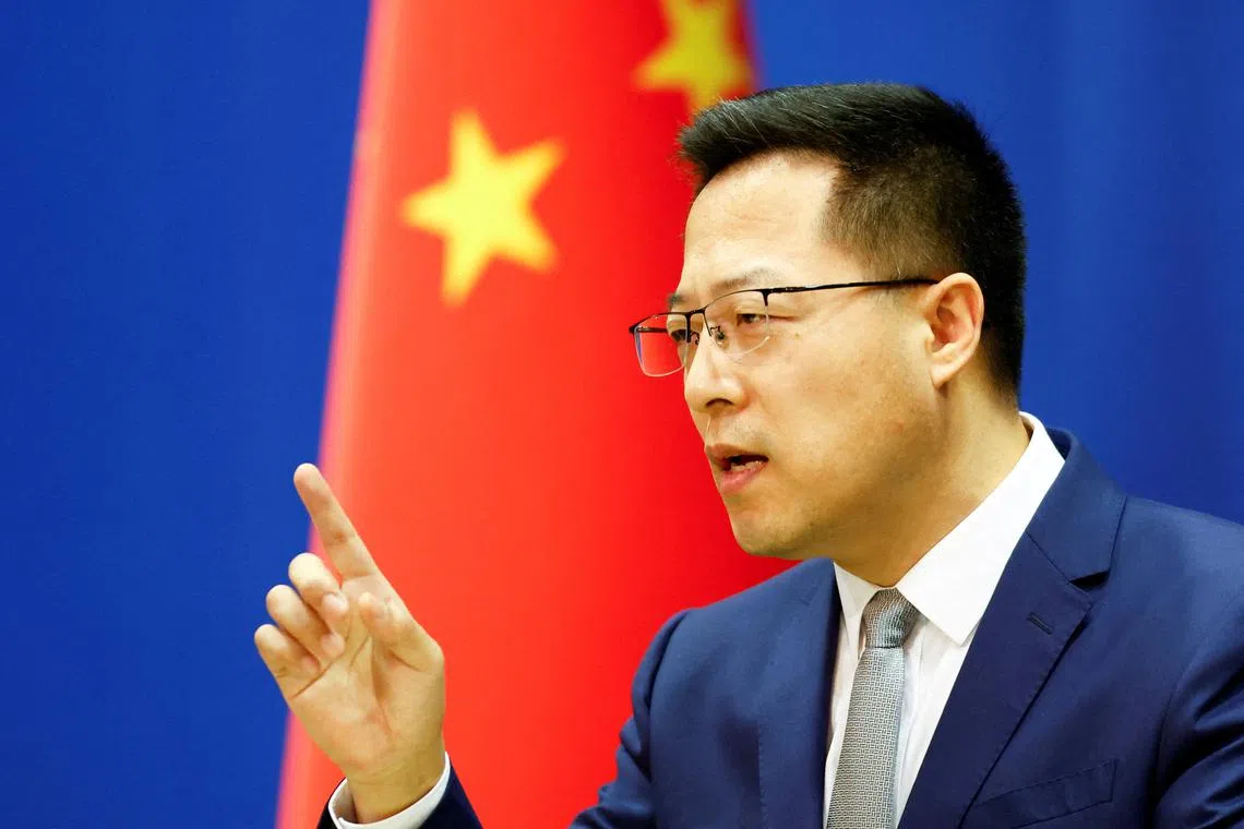 China's foreign ministry spokesman Zhao Lijian speaking during a news conference in Beijing, in March 18, 2022. 
