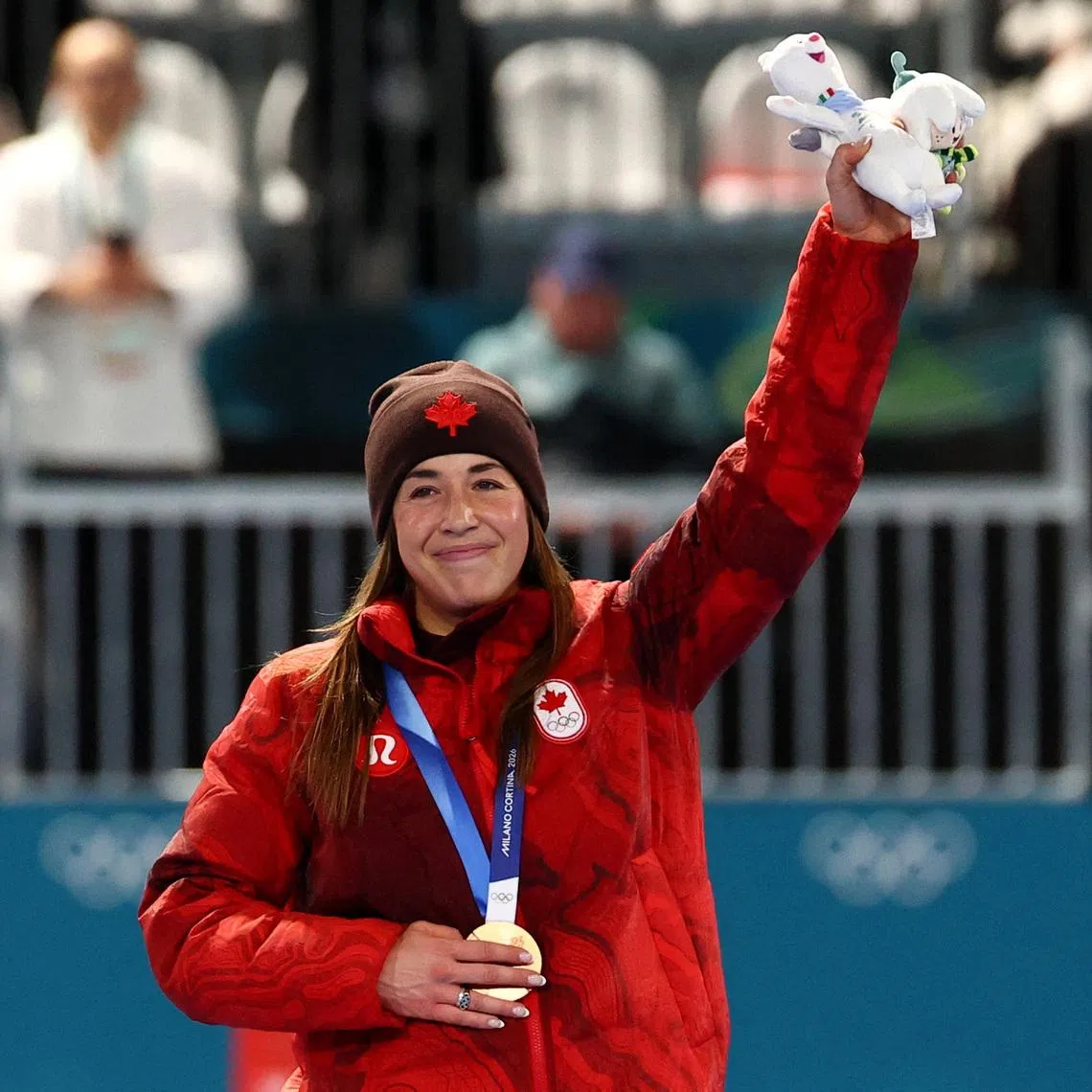 Milano Cortina 2026 Olympics - Speed Skating - Women's 3000m Victory Ceremony - Milano Speed Skating Stadium, Milan, Italy - February 07, 2026. Bronze medallist Valerie Maltais of Canada reacts on the podium during the victory ceremony. REUTERS/Piroschka Van De Wouw