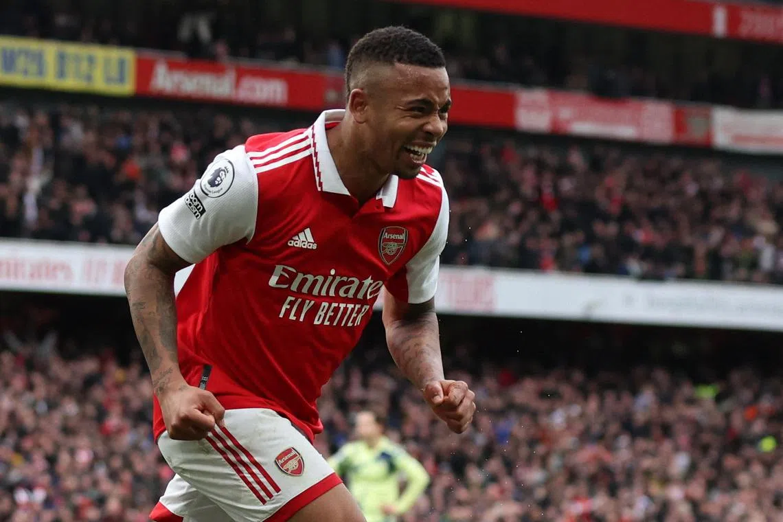 Arsenal's Gabriel Jesus celebrates scoring their third goal.
