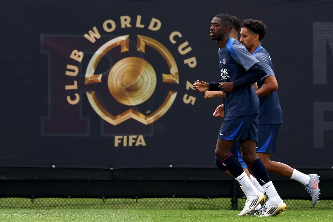 Paris Saint-Germain's Ousmane Dembele and Marquinhos at a training session at Rugers University in Piscataway, New Jersey.