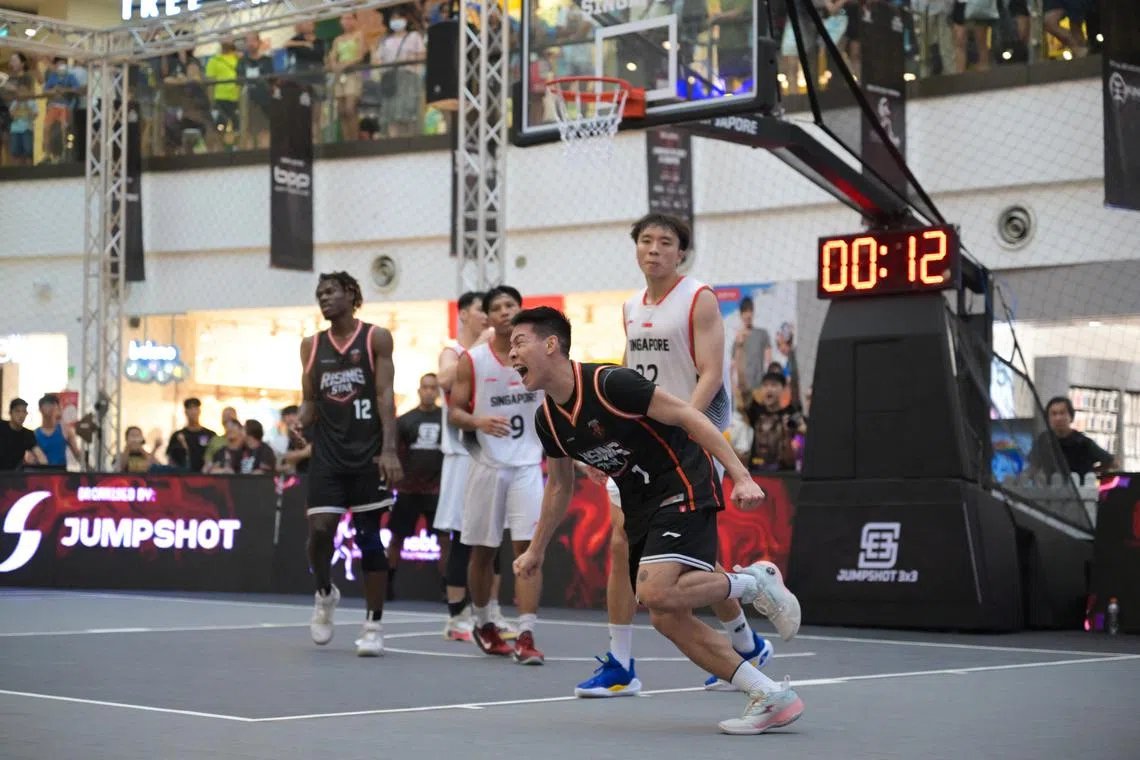 Team BAS Men A's Kelvin Lim (No. 22, competing at the Jumpshot 3x3 tournament at Bukit Panjang Plaza on Jan 7) is among five players from the 2023 Singapore Slingers squad who have joined the national 3x3 set-up. 