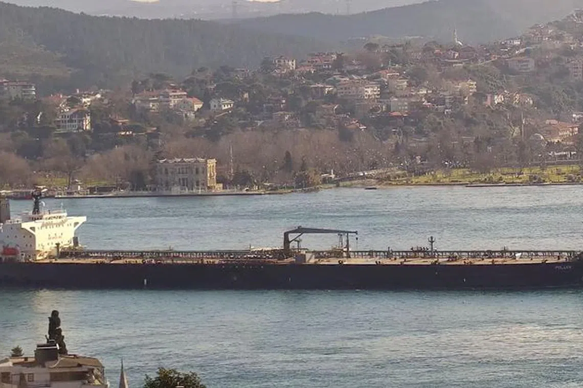 Panama-flagged crude oil tanker Pollux transits the Bosphorus in Istanbul, Turkey, February 3, 2024, in this still image taken from video. REUTERS/Yoruk Isik