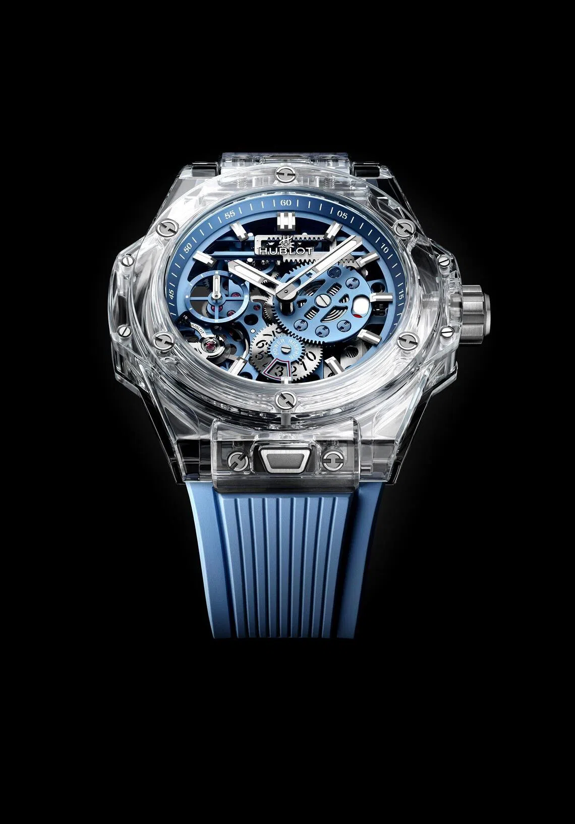 The Big Bang Sapphire Sky Blue is housed in a 44mm polished sky-blue sapphire case secured by titanium H-shaped screws.