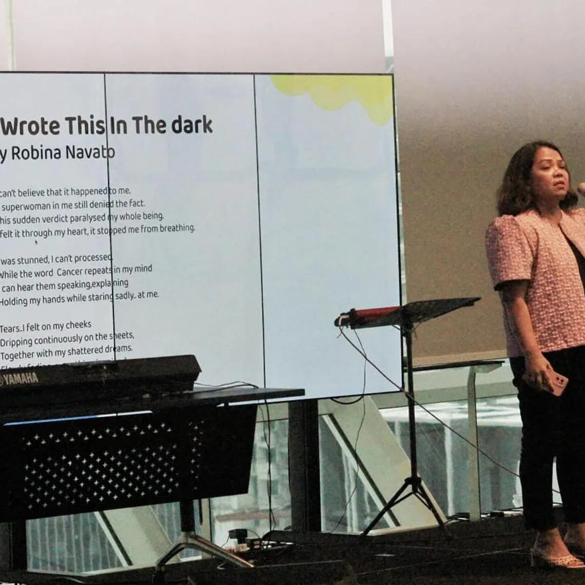 Ms Robina Navato recited her poem "I Wrote This In The Dark" in Singapore in November 2023. The poem is about her mental health in coping with her cancer diagnosis. It was among 20 out of hundreds of entries to be shortlisted in the Migrant Worker Poetry Competition 2023. 

