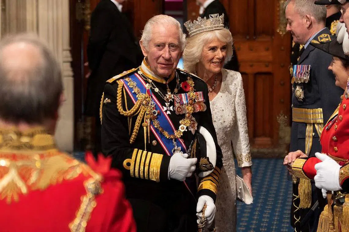 FILE PHOTO: Britain's King Charles and Britain's Queen Camilla attend the State Opening of Parliament in the House of Lords Chamber, in London, Britain, November 7, 2023. Richard Pohle/Pool via REUTERS/File Photo