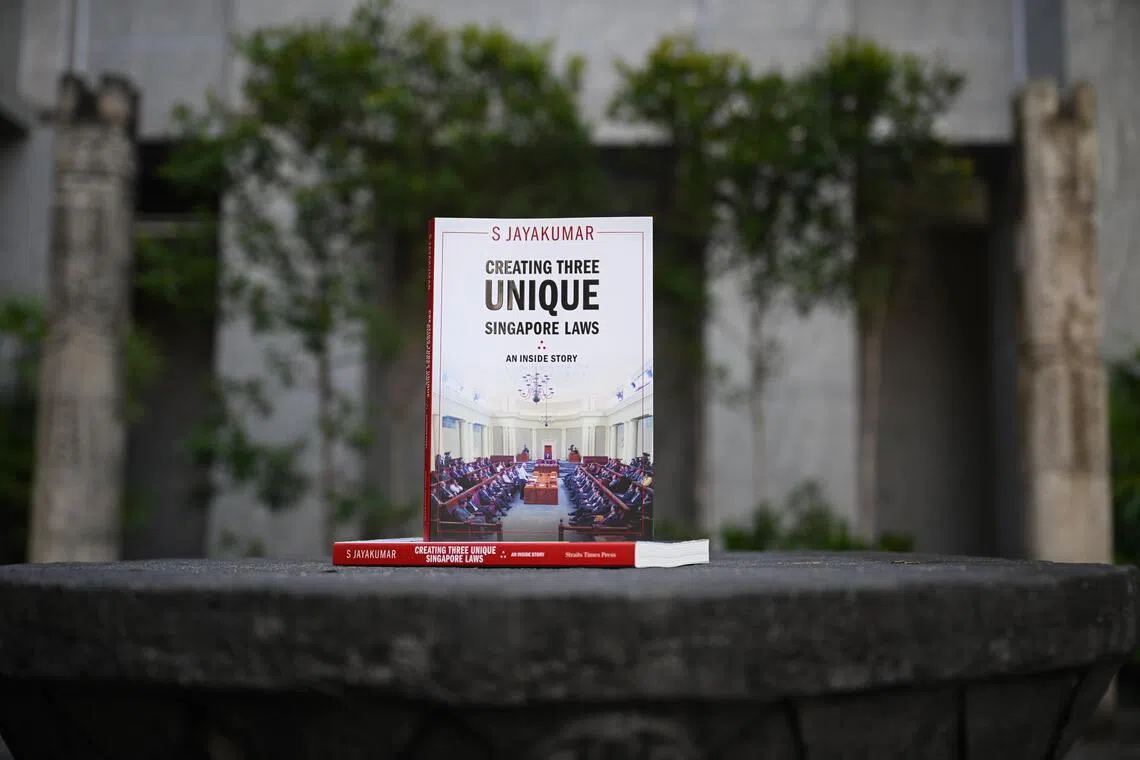 Professor S Jayakumar’s latest book – Creating Three Unique Singapore Laws: An Inside Story – at the Ministry of Foreign Affairs on Aug 12, 2026. ST PHOTO: SHINTARO TAY