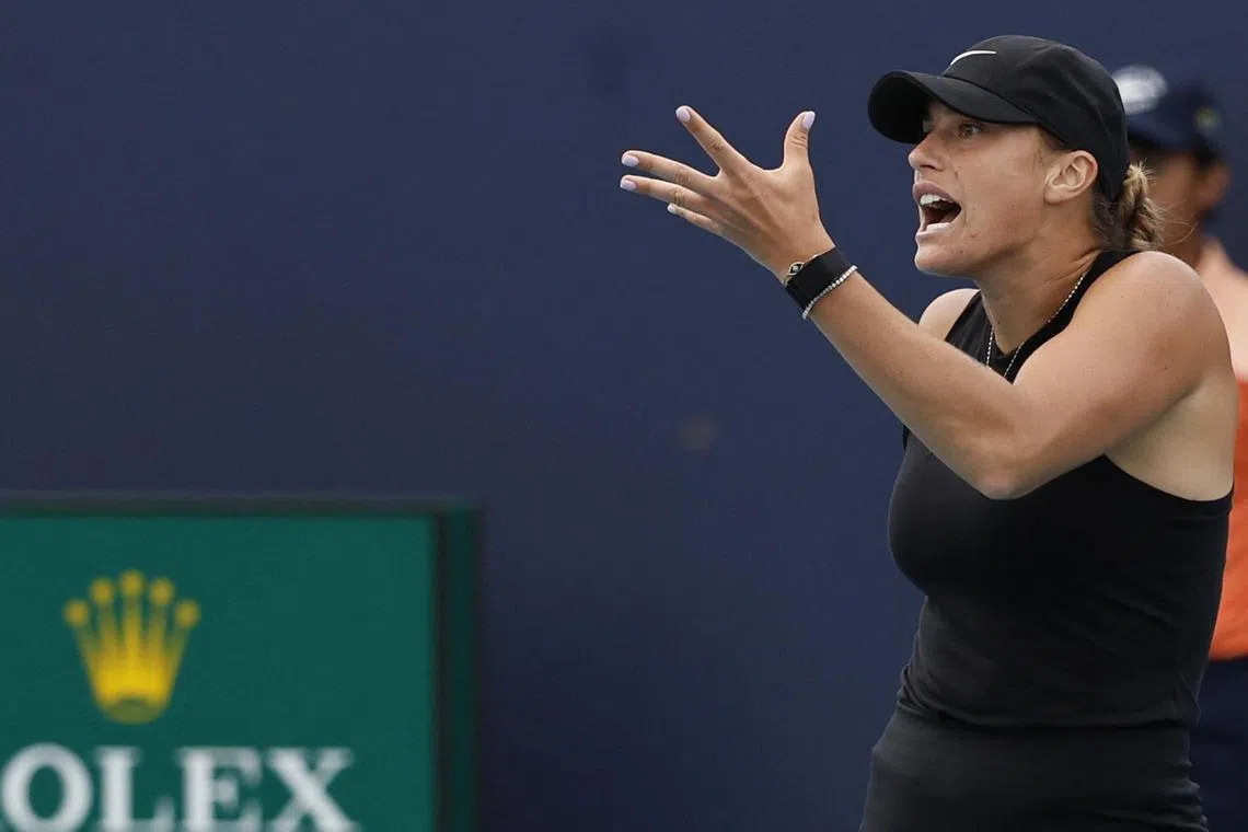Mar 22, 2024; Miami Gardens, FL, USA; Aryna Sabalenka reacts against Paula Badosa (ESP) (not pictured) on day five of the Miami Open at Hard Rock Stadium. Mandatory Credit: Geoff Burke-USA TODAY Sports