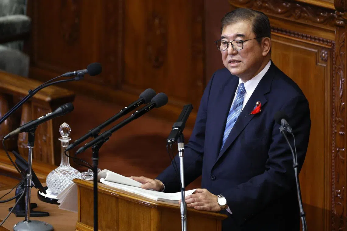 epa11641171 Japan’s new Prime Minister Shigeru Ishiba delivers a policy speech at the parliament in Tokyo, Japan, 04 October 2024. Prime Minister Ishiba delivered his first policy speech after being elected Prime Minister on 01 October.  EPA-EFE/FRANCK ROBICHON