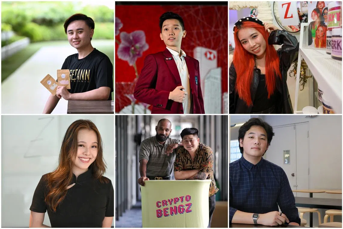 (Clockwise from top left) Meet Gen Z bosses Mr Perren Ong, Mr Jarred Neo, Ms Koh Qi Wen, Mr Daryl Wong, Mr Ferris Frederick Francis, Mr Roshaanth Nara and Ms Brooke Lim.