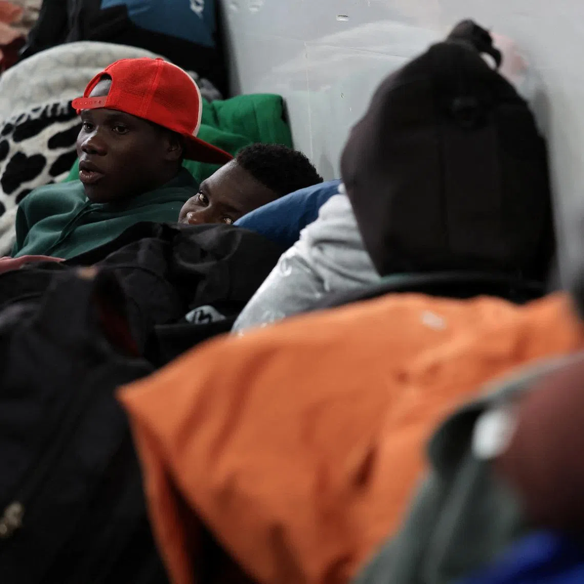 Displaced migrants shelter in a hall, following an escalation in anti-immigrant protests which heightened fears among foreign communities, in Kleinmond, South Africa, June 3, 2026. REUTERS/Esa Alexander