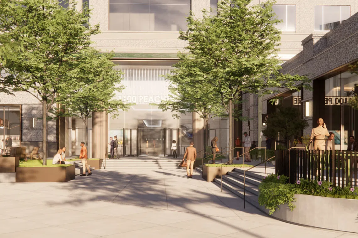 Artist's impression of 1100 Peachtree's plaza following its ground-floor renovation, which is slated for completion in 2025.