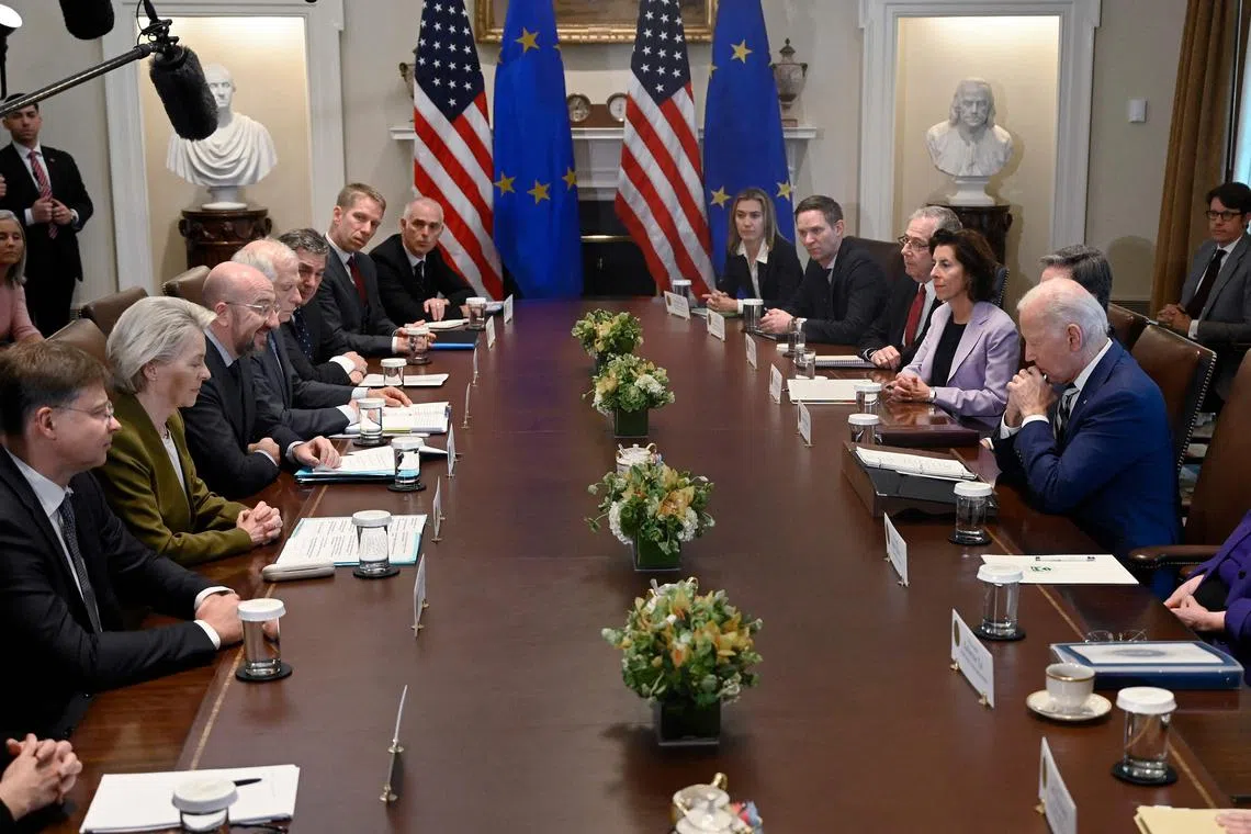 US President Joe Biden (right) hosting EU Commission President Ursula von der Leyen (second left) and European Council President Charles Michel (third left) during the EU-US summit at the White House on Oct 20.