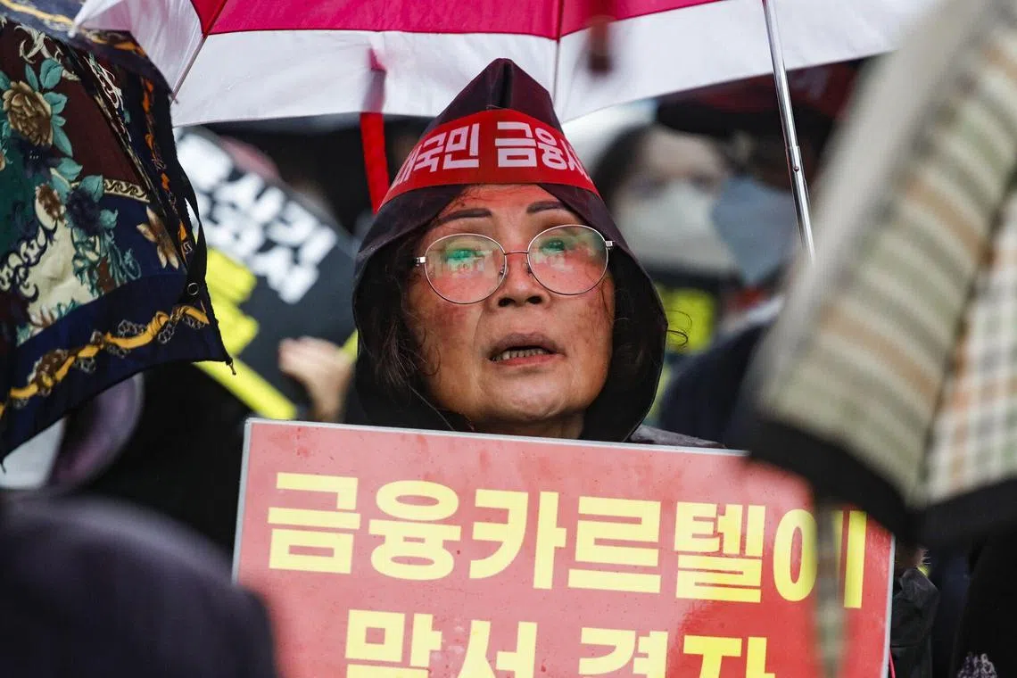 Ms Park Soon Ja during a protest against financial firms' sales of China-linked structured products to retail investors in Seoul, on March 29, 2024.