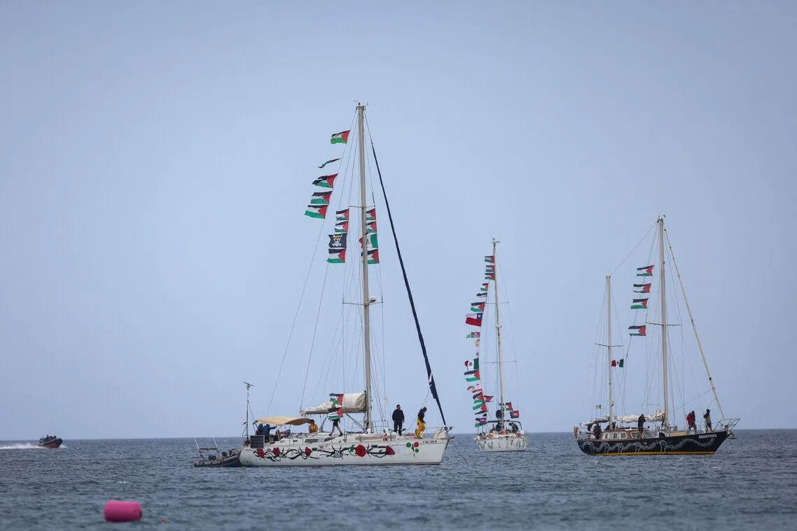 This photograph shows vessels from the Global Sumud Flotilla, intercepted by the Israeli Navy in international waters, outside the town of Ierapetra in the island of Crete, Greece, on May 1.