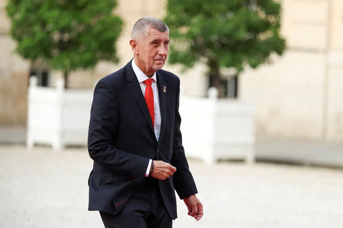 FILE PHOTO: Czech Prime Minister Andrej Babis arrives for a dinner of the 'Coalition of the Willing', a coalition of countries that have extended their support to Ukraine, on the eve of Bastille Day celebrations, at the Elysee Palace in Paris, France, July 13, 2026. REUTERS/Tom Nicholson/File Photo