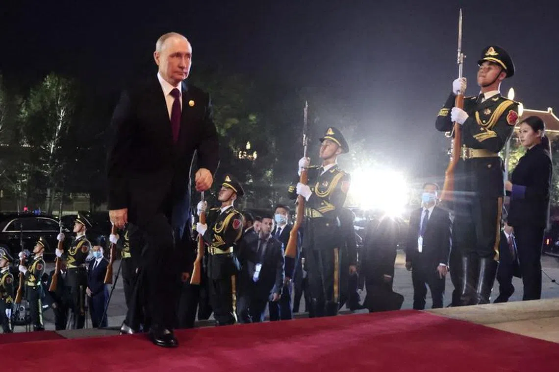 Russian President Vladimir Putin arrives for a ceremony welcoming heads of delegations participating in the Belt and Road Forum in Beijing, China, October 17, 2023. Sputnik/Konstantin Zavrazhin/Pool via REUTERS
