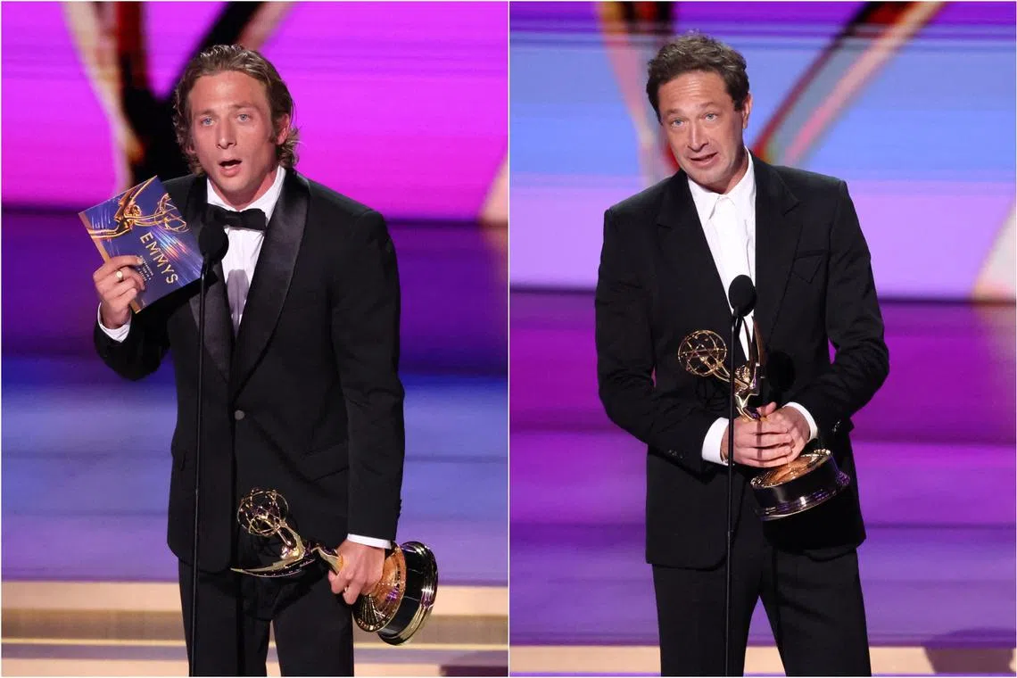 Jeremy Allen White (left) and Ebon Moss-Bachrach accept the Best Lead Actor in a Comedy Series and Outstanding Supporting Actor In A Comedy Series award respectively.