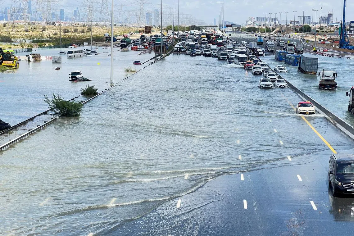 A flooded road after a rainstorm in Dubai on April 17.