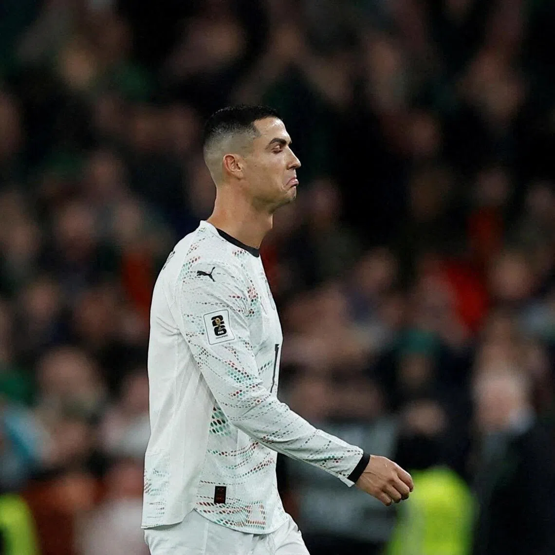FILE PHOTO: Soccer Football - World Cup - UEFA Qualifiers - Group F - Republic of Ireland v Portugal - Aviva Stadium, Dublin, Ireland - November 13, 2025
Portugal's Cristiano Ronaldo reacts after being shown a red card REUTERS/Clodagh Kilcoyne/File Photo