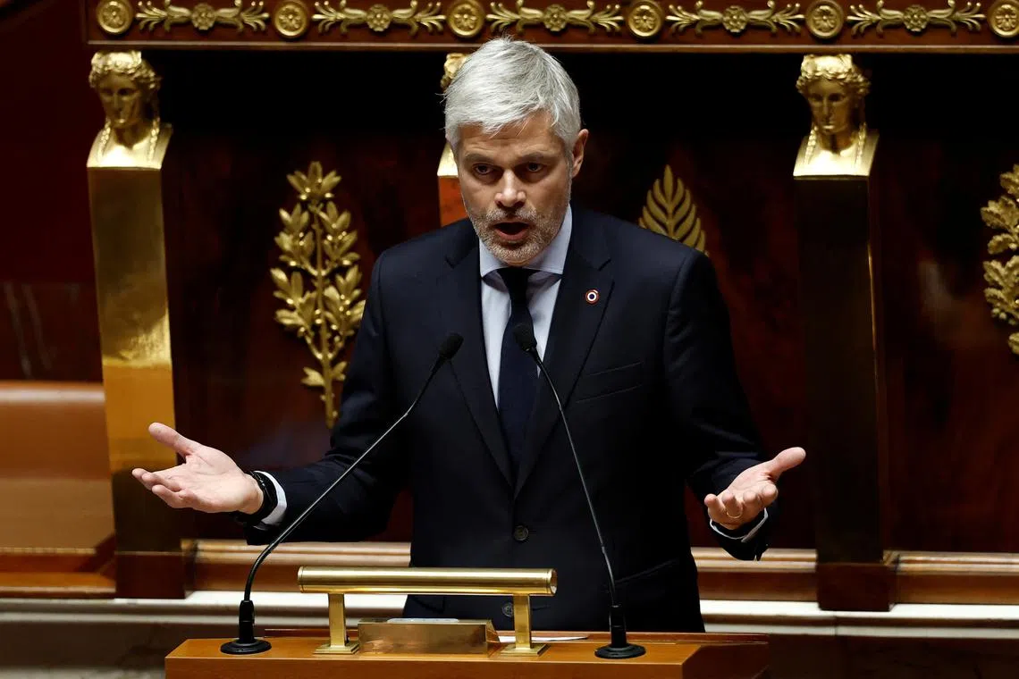 Laurent Wauquiez, member of parliament of Les Republicains (LR) party and president of the Droite Republicaine (DR) parliamentary group, gestures as he delivers a speech during a debate following the general policy speech of the French Prime Minister at the National Assembly in Paris, France, January 14, 2025. REUTERS/Benoit Tessier/File Photo