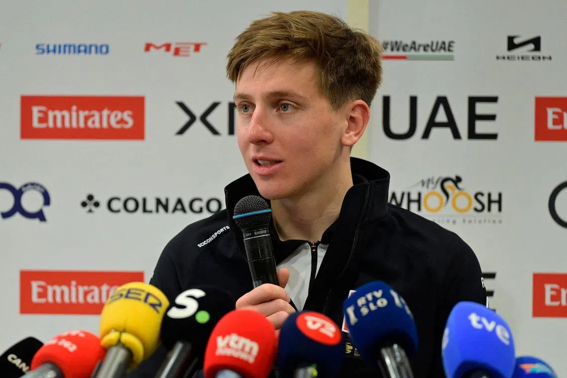 UAE Team's Slovenian cyclist Tadej Pogacar speaks to members of the media during the press conference at the Grand Luxor hotel in Benidorm, on Dec 10, 2024.