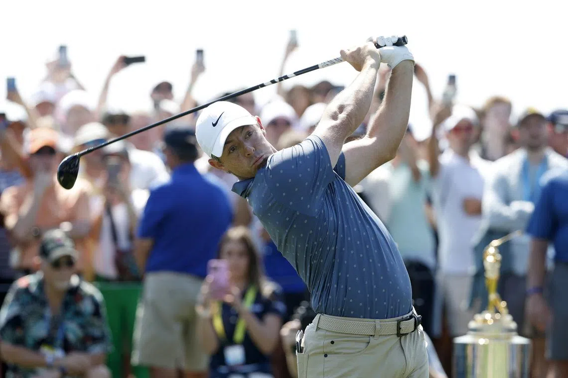 Mar 15, 2025; Ponte Vedra Beach, Florida, USA; Rory Mcllroy hits off the first tee during the third round of The Players Championship golf tournament. Mandatory Credit: Jeff Swinger-Imagn Images