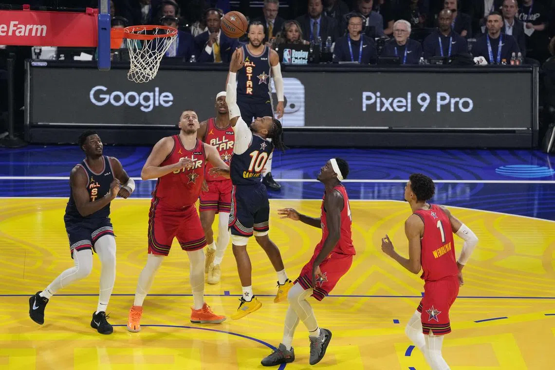 Darius Garland of the Cleveland Cavaliers shoots against Nikola Jokic of the Denver Nuggets during the 2025 NBA All-Star Game at Chase Centre.