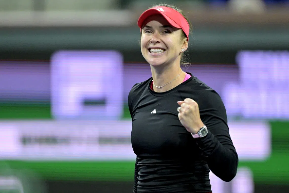 Mar 11, 2025; Indian Wells, CA, USA; Elina Svitolina (UKR) celebrates at match point after defeating Jessica Pegula (not pictured) in her fourth round match at the BNP Paribas Open the at Indian Well Tennis Garden. Mandatory Credit: Jayne Kamin-Oncea-Imagn Images