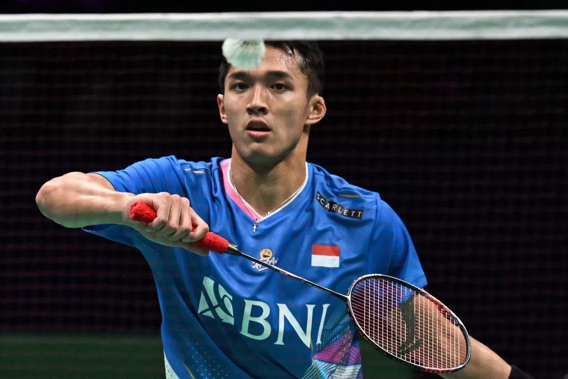 Indonesia's Jonatan Christie hitting a return to China's Shi Yuqi during his semi-final win at the Badminton Asia Championships in Ningbo, China.