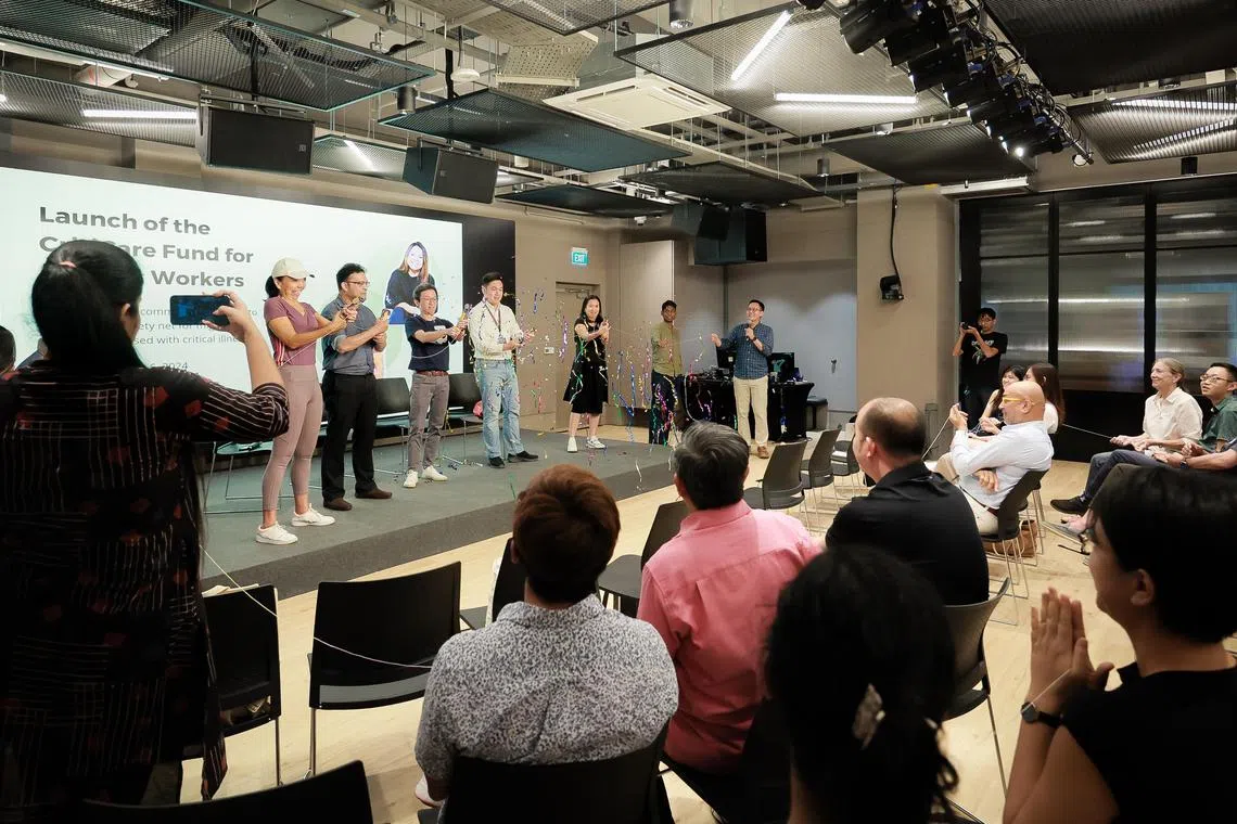 From left, on stage: 
Ms Anthea Ong, former NMP and Co-Chair, CFMW Council; 

Dr Muntasir Choudhury, Medical Doctor and Member, CFMW Council; 

Dr Ng Kok Hoe, President, HOME and Member, CFMW Council; 

Mr Tan En, General Manager, Ray of Hope and Member, CFMW Council; 

Ms Stacey Choe, Co-Founder, Real Impact Advisors and Member, CFMW Council; 

Mr Dhanesh Thiru Research Assistant and Secretariat Team Member, CFMW; 

and Mr Vincent Ng, Founding Member, A Good Space Cooperative Limited and Secretariat Team Lead, Migrant Worker CritiCare Fund; 

launching the Migrant Worker CritiCare Fund held at The Foundry at Princep Link on Dec 6, 2024.