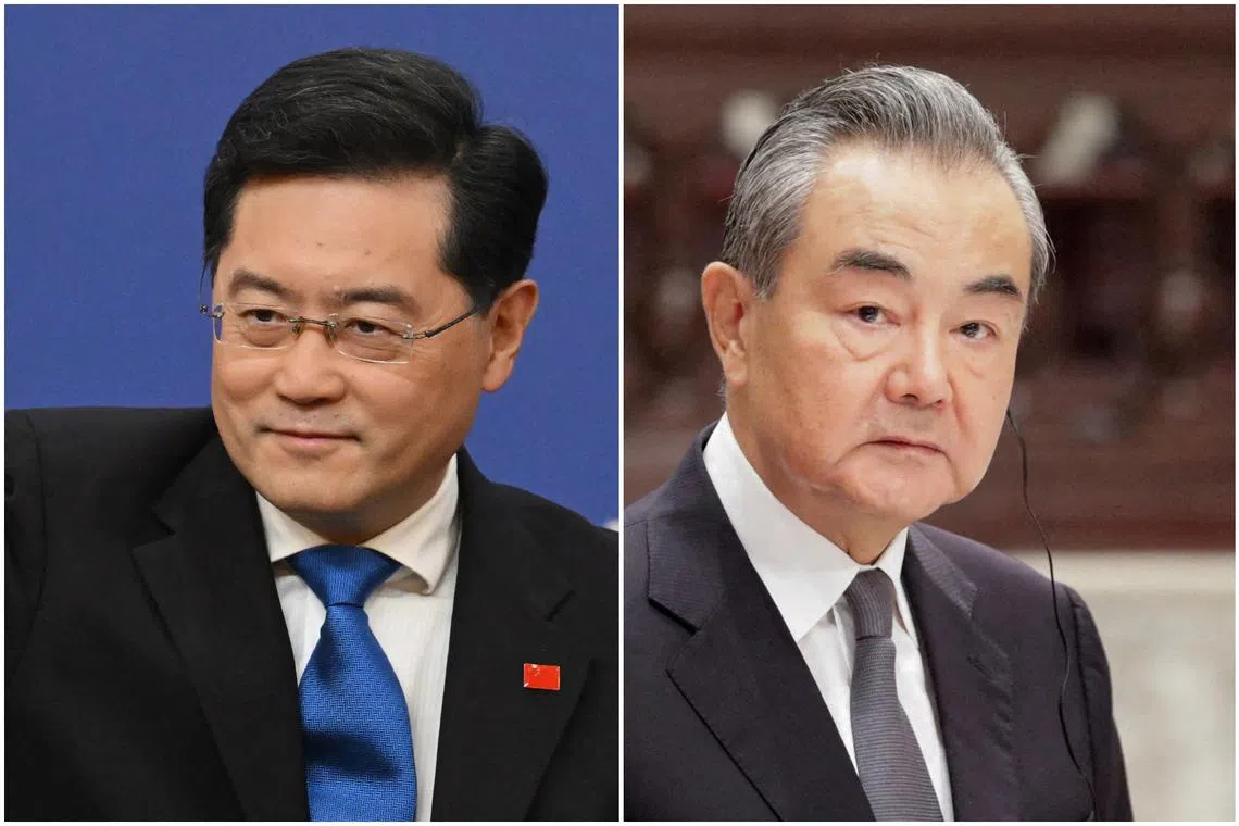 China foreign minister Qin Gang (left) has been removed from his post by Beijing and replaced by his predecessor Wang Yi. 