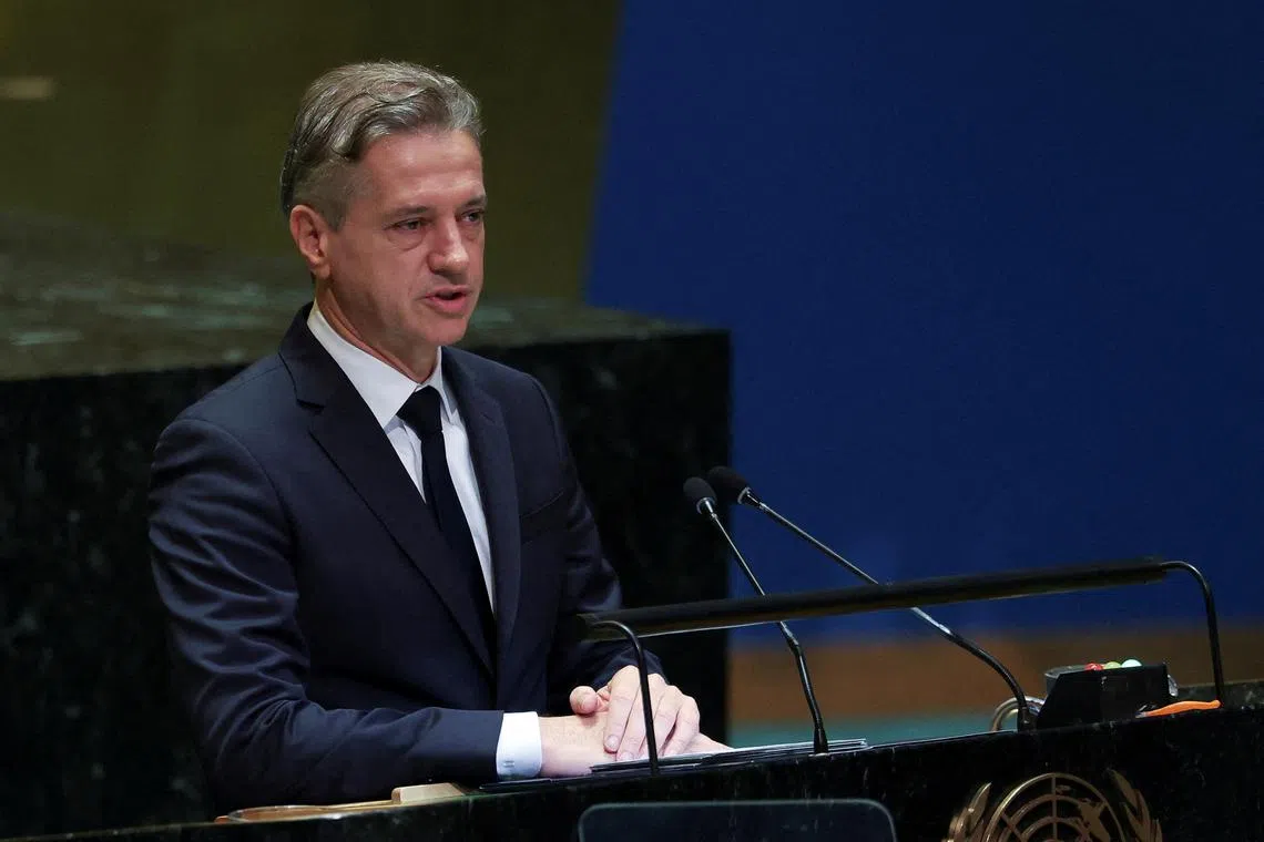 FILE PHOTO: Slovenia's Prime Minister Robert Golob addresses the 79th United Nations General Assembly at U.N. headquarters in New York, U.S., September 27, 2024.  REUTERS/Mike Segar/File Photo