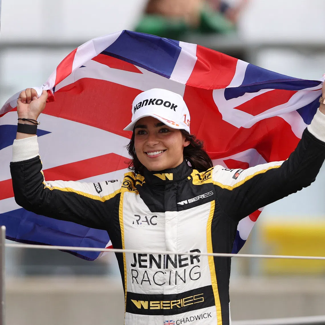 Formula One F1 - British Grand Prix - Silverstone Circuit, Silverstone, Britain - July 2, 2022 Jenner Racing's Jamie Chadwick celebrates after winning the W Series race REUTERS/Molly Darlington