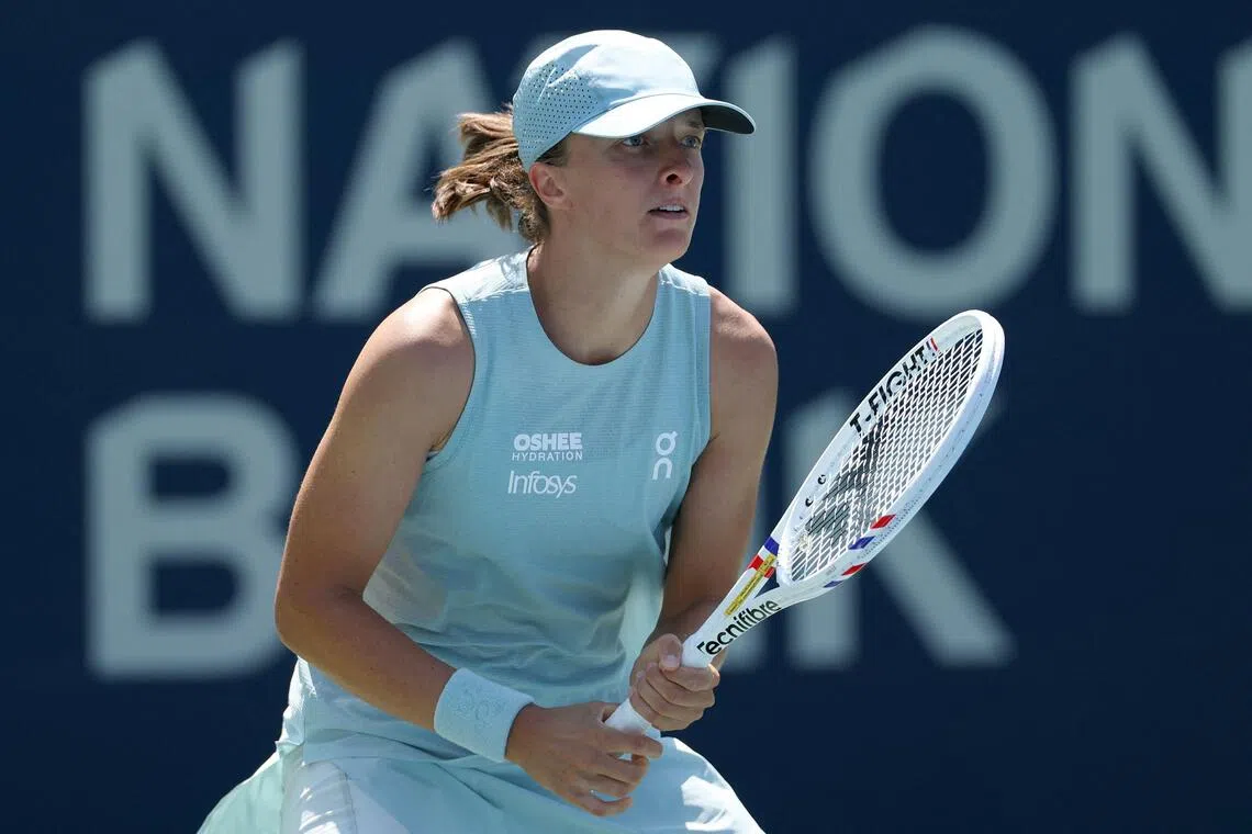 Poland’s Iga Swiatek in action against Sara Bejlek, of Czechia, on Aug 4.