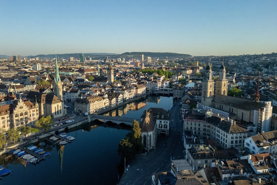A drone view shows the Limmat river in Zurich, Switzerland May 2, 2025. REUTERS/Denis Balibouse