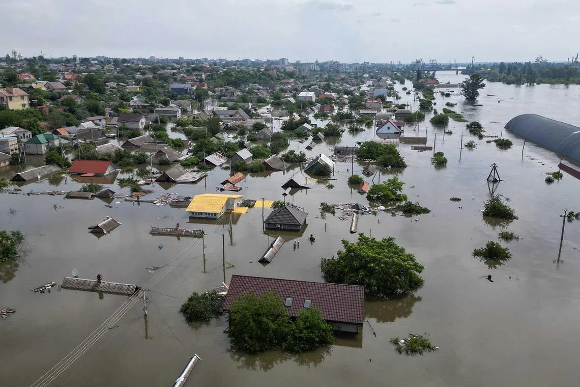 A flooded area in Kherson, Ukraine, after the Nova Kakhovka dam was breached amid Russia's attack on Ukraine, June 8.