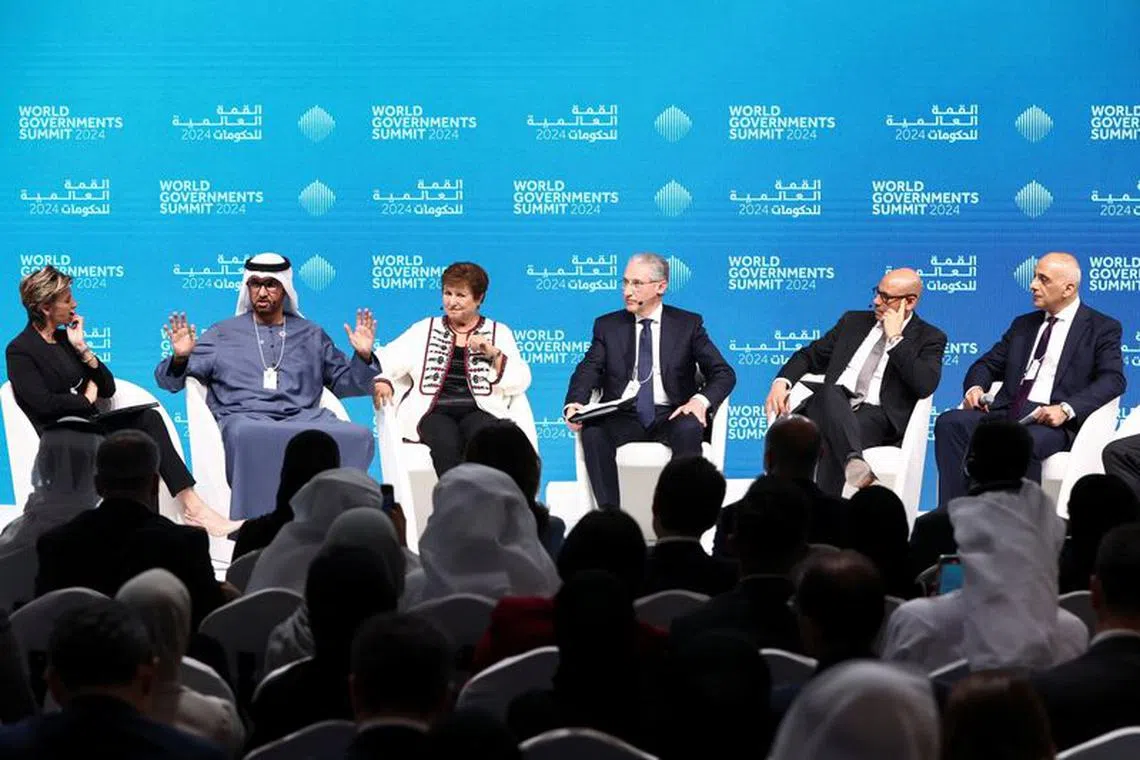 CNN host Becky Anderson, UAE Minister of Industry and Advanced Technology and COP28 President Sultan Ahmed Al Jaber, International Monetary Fund (IMF) Managing Director Kristalina Georgieva, Azerbaijan's Minister of Ecology and Natural Resources and COP29 President, Mukhtar Babayev, United Nations Framework for Climate Change Executive Secretary Simon Stiell and Jordan Minister of Environment Muawieh Radaideh attend a panel at the World Governments Summit, in Dubai, United Arab Emirates, February 12, 2024. REUTERS/Amr Alfiky/File Photo