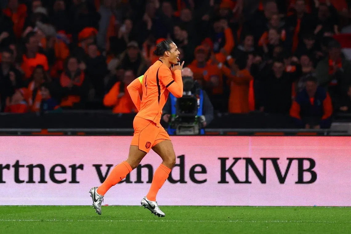 Soccer Football - International Friendly - Netherlands v Norway - Johan Cruijff Arena, Amsterdam, Netherlands - March 27, 2026 Netherlands' Virgil van Dijk celebrates scoring their first goal REUTERS/Piroschka Van De Wouw