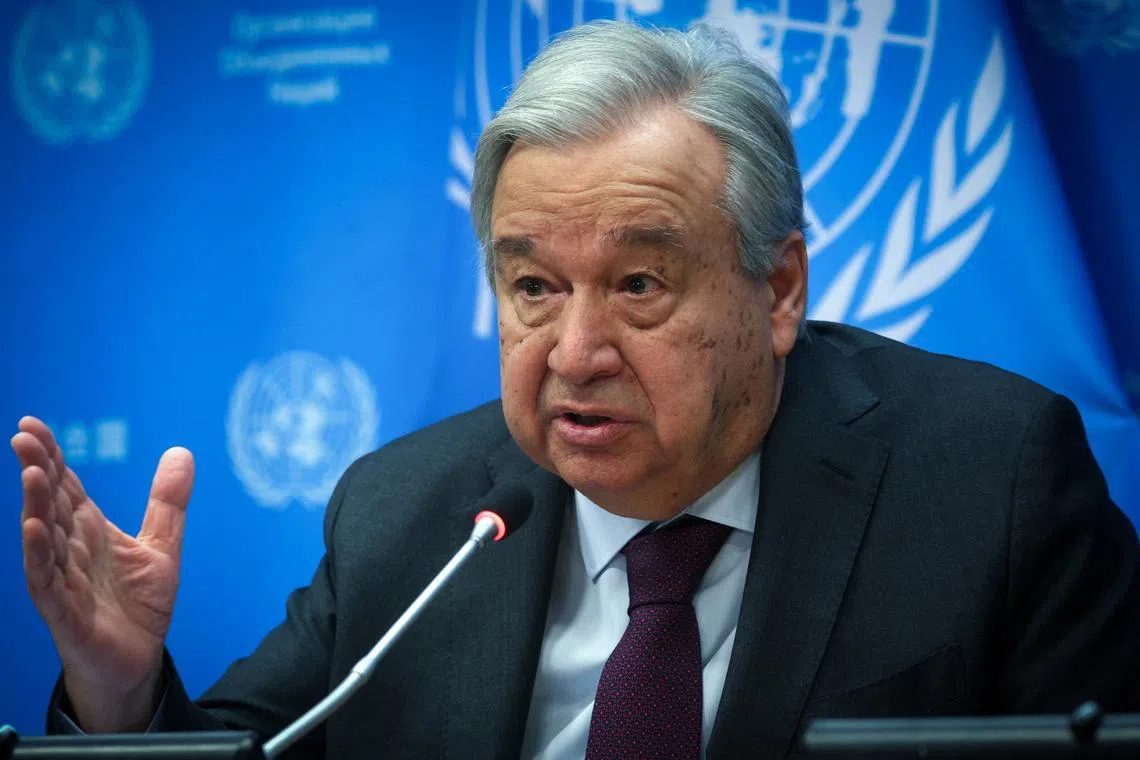 United Nations Secretary General Antonio Guterres speaks during a press conference at U.N. headquarters in New York City, U.S., February 8, 2024. REUTERS/Mike Segar/File Photo